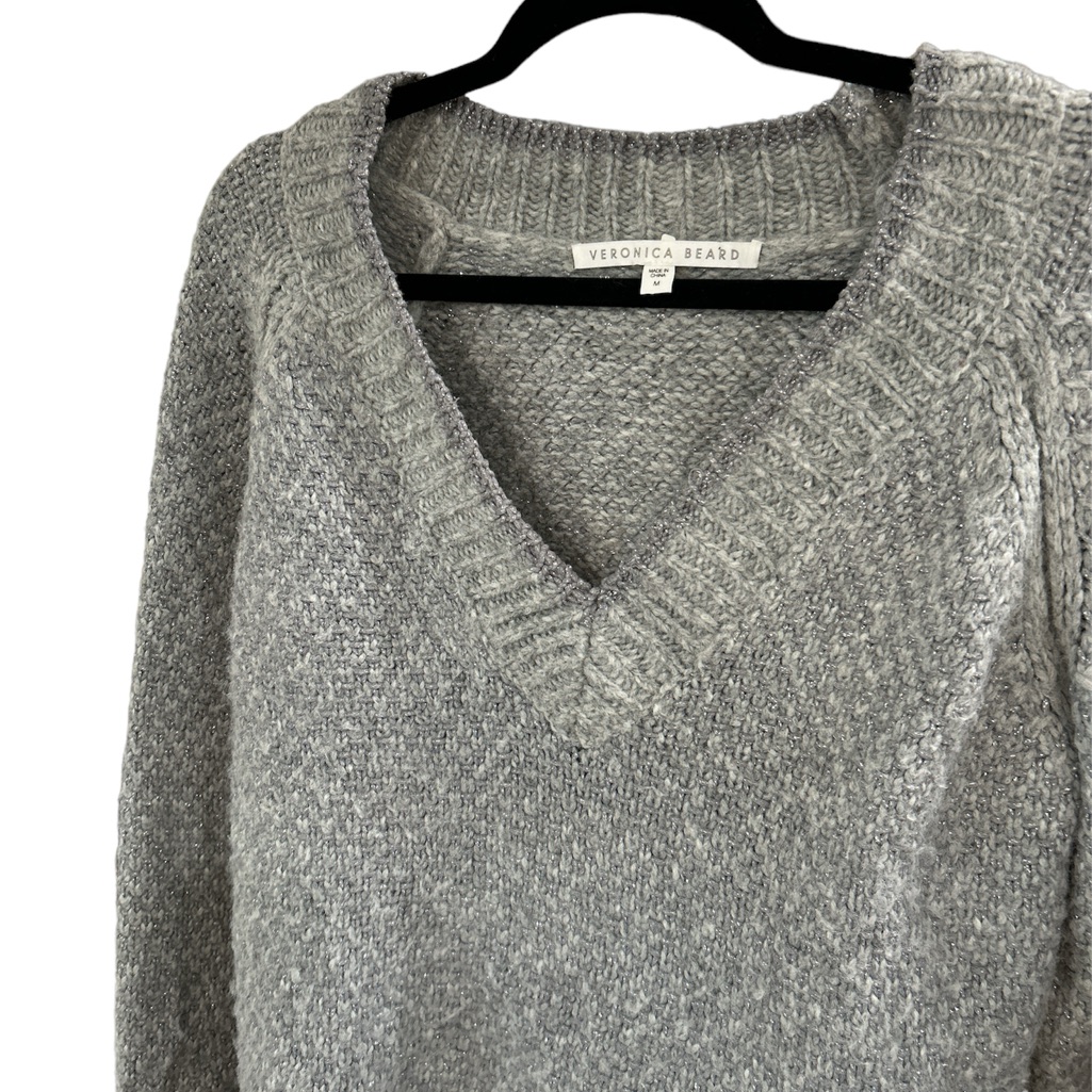 Veronica Beard Gray And Silver Metallic V-Neck Sweater Sz M